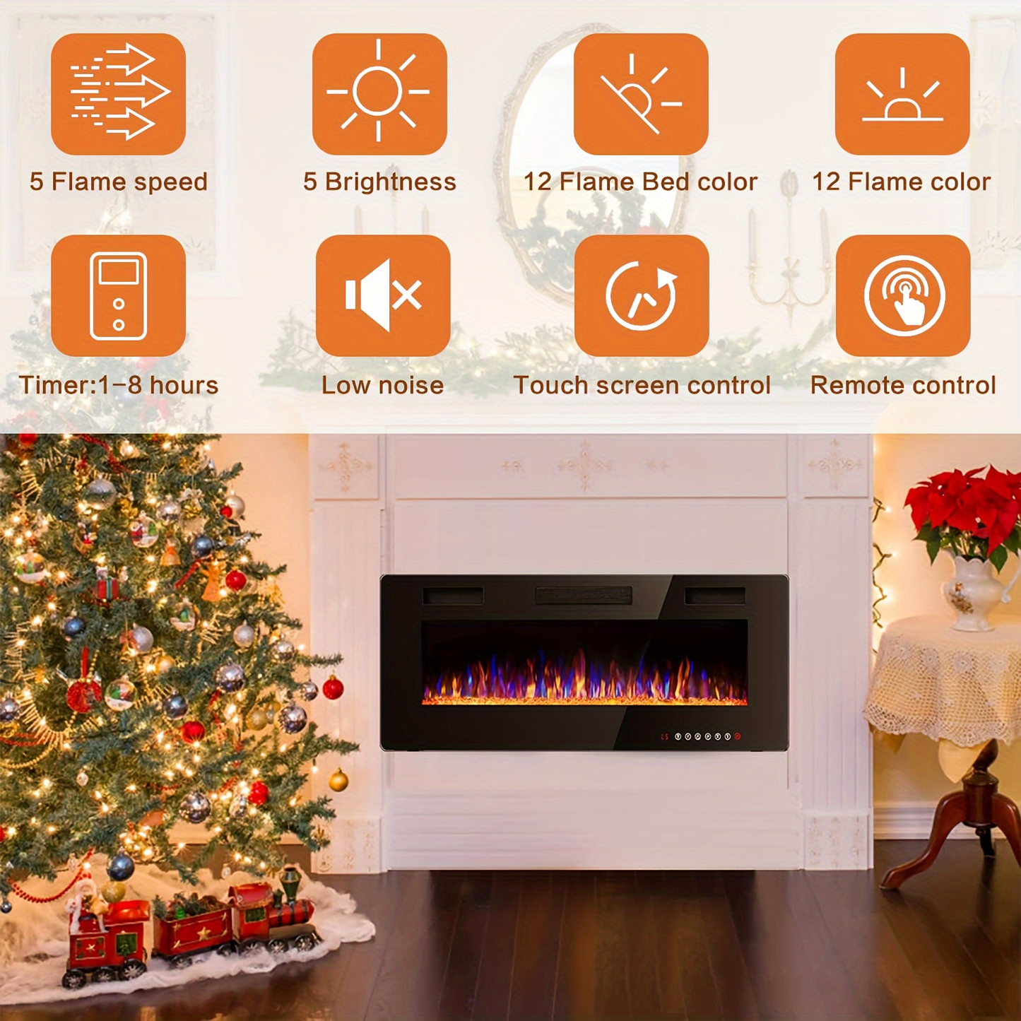 Wall Mounted Electric Fireplace Recessed In-Wall Linear Heater Multicolor Flame 750W/1500W Touch Screen Remote Timer Low Noise 30-60 Inch