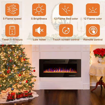 Wall Mounted Electric Fireplace Recessed In-Wall Linear Heater Multicolor Flame 750W/1500W Touch Screen Remote Timer Low Noise 30-60 Inch