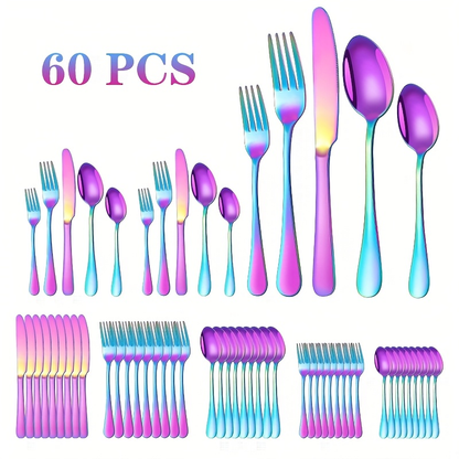 Flatware Set 60 Piece Rainbow Stainless Steel Cutlery 430 Mirror Polish Dishwasher Safe Knife Fork Spoon for Camping Picnic Travel Party Outdoor Dining Serves 12