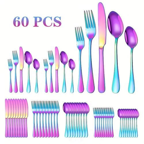 Flatware Set 60 Piece Rainbow Stainless Steel Cutlery 430 Mirror Polish Dishwasher Safe Knife Fork Spoon for Camping Picnic Travel Party Outdoor Dining Serves 12