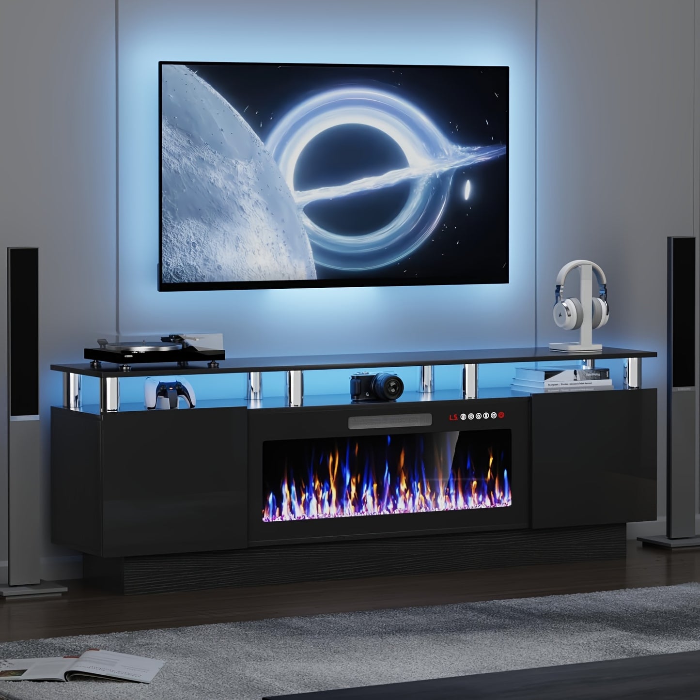 Entertainment Center with Electric Fireplace – 70" Modern TV Stand for TVs Up to 80", 36" LED Flame, High Gloss Cabinet, Multi-Color Options for Living Room