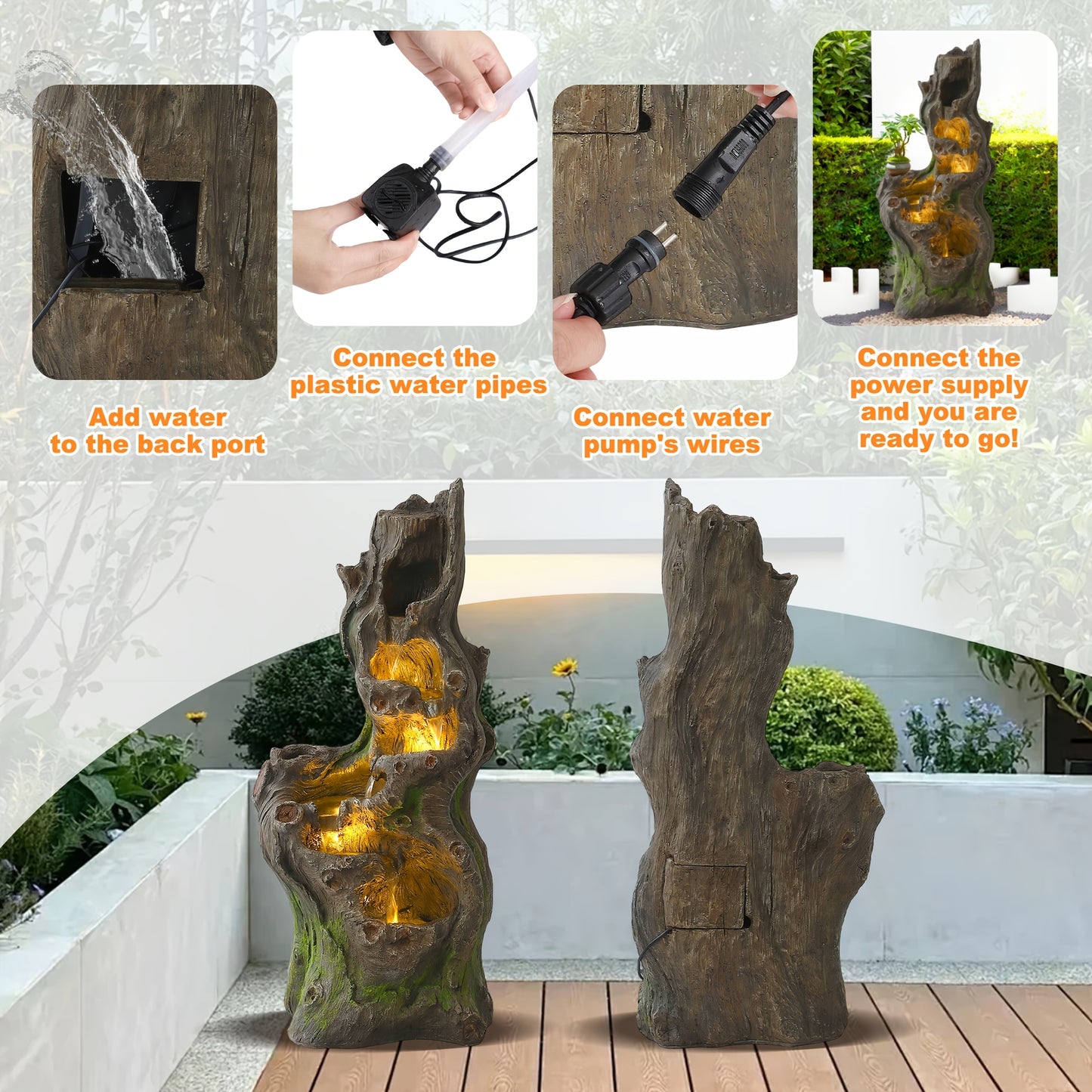 Outdoor Water Fountain 40 Inch 6-Tier Cascading Tree Trunk Waterfall with LED Lights Resin for Garden Patio Yard