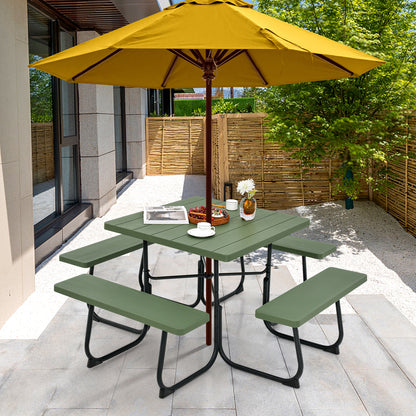 Outdoor Picnic Table 8-Person, Square HDPE Table with 4 Built-in Benches, Umbrella Hole, Metal Frame, Backyard Patio Garden Bench Set Grey/Green