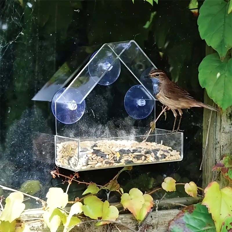 Bird Feeder Window Mount Clear Acrylic Seed Dispenser with Strong Suction Cups - Weatherproof All Season Outdoor Indoor Bird Watching Tray for Finches Sparrows Chickadees Songbirds Nature Lover Gift