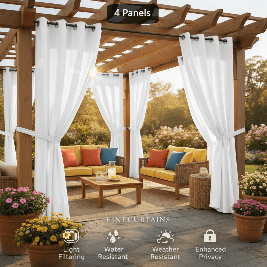 Sheer Curtains for Patio Outdoor – Grommet Top, 4 Panels, Light Filtering, UV & Water Resistant, Privacy Drapes for Pergola, Gazebo, Porch, Backyard, Beige Black Gray White Silver Taupe