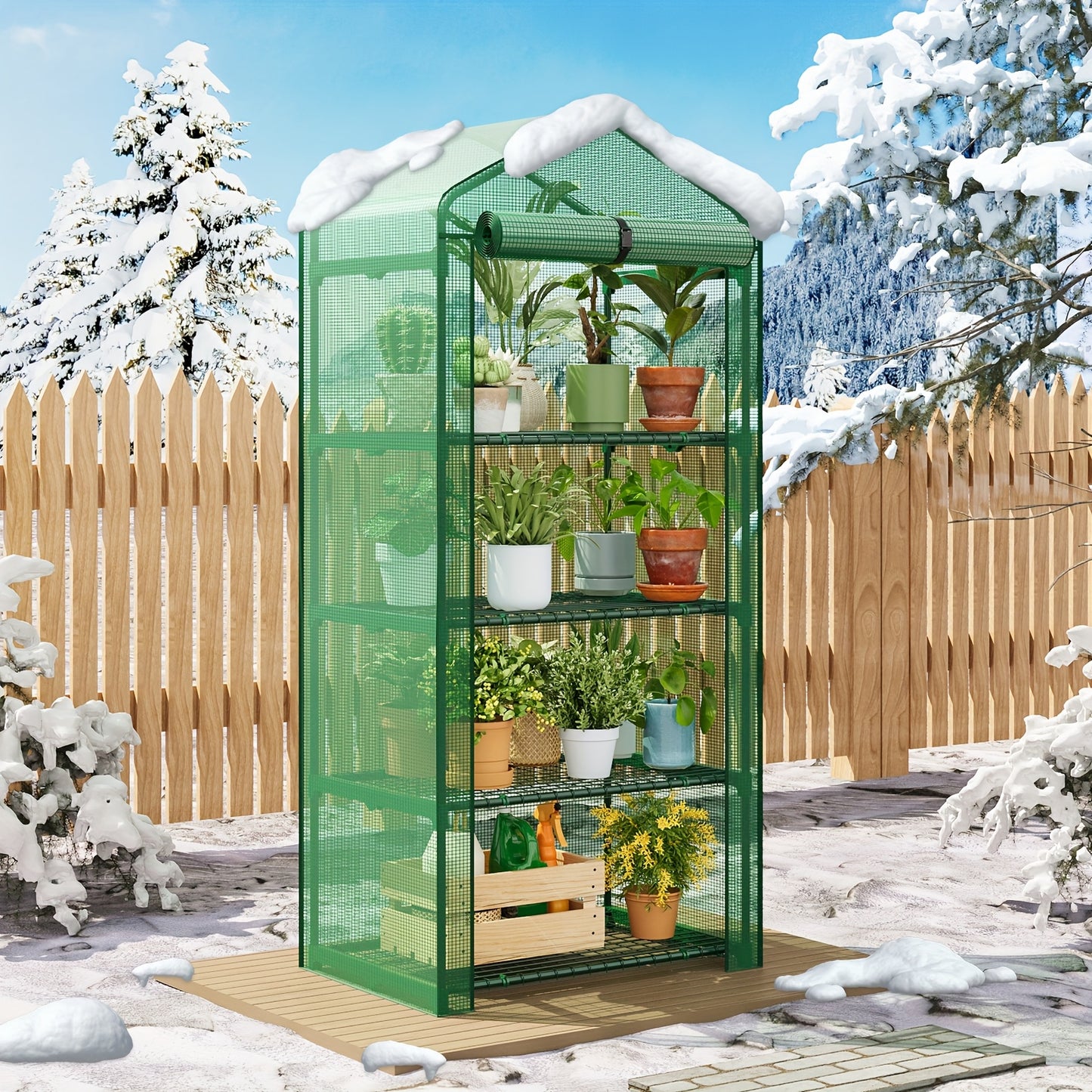 4 Tier Mini Greenhouse for Indoor Outdoor Plants – Portable PE Cover Greenhouse with Rack Stand for Seedlings, Seasonal Decoration & Year-Round Plant Care
