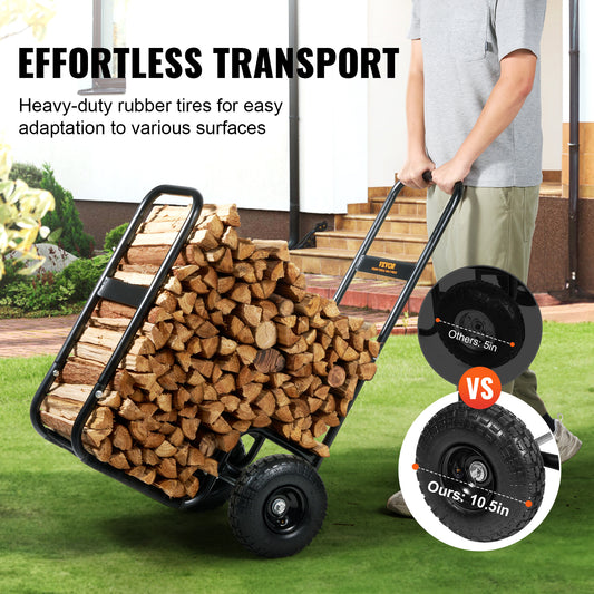 Firewood Log Cart Heavy Duty 250 lbs Capacity, Carbon Steel Wood Carrier with Pneumatic Rubber Wheels, Outdoor Indoor Log Hauler Dolly for Fireplace Fire Pit Camping