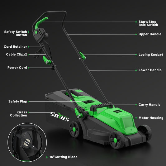 Electric Lawn Mower Corded 13-Inch 11 Amp – 3100 RPM Push Mower with 8-Gallon Collection Bag 3 Adjustable Cutting Heights for Yard Farm Care