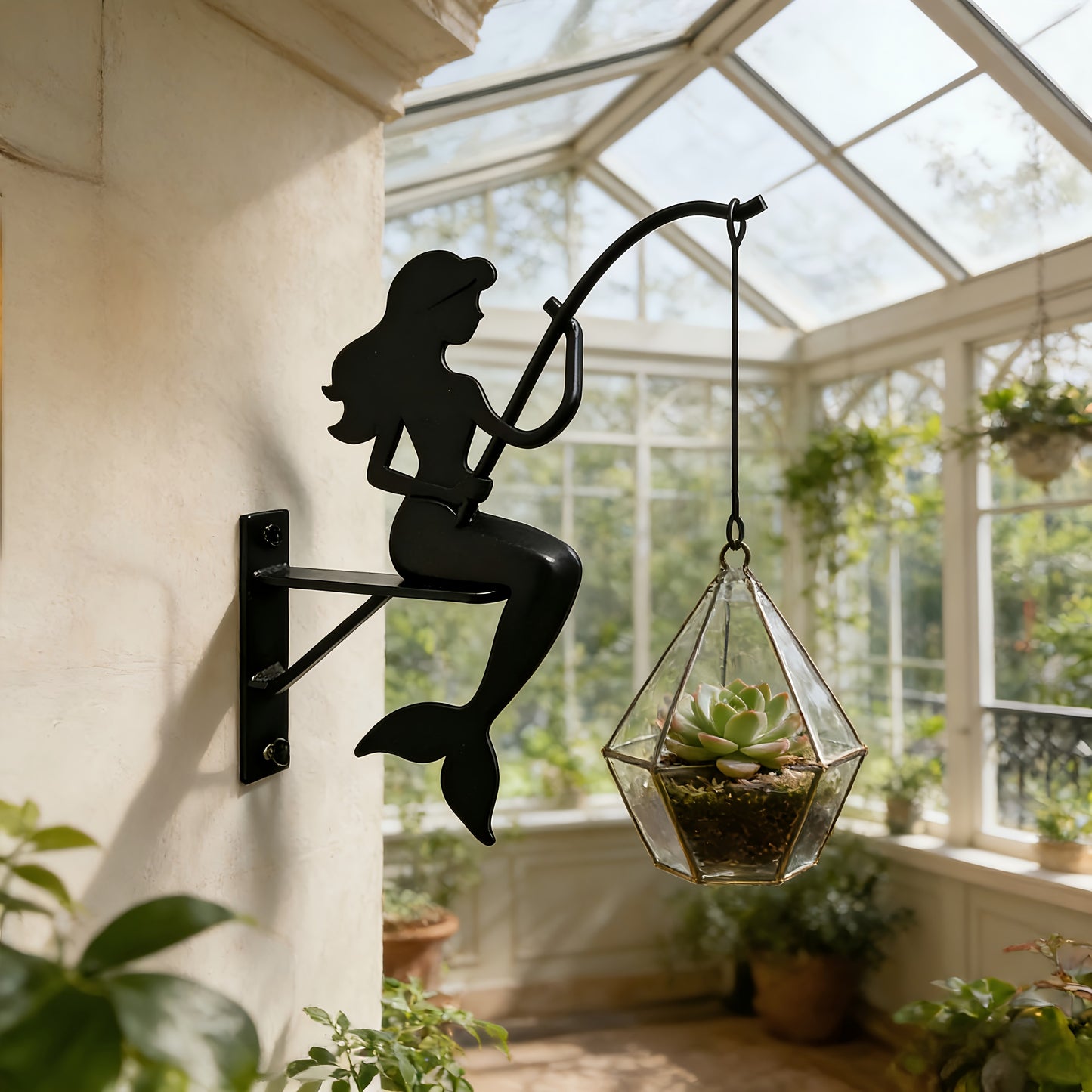 Wall Planter Hanging Iron Art Mermaid Flower Pot Holder for Balcony Vertical Garden - Creative Fisherman Theme Indoor Outdoor Plant Stand Shelf, Boho Wall Decor