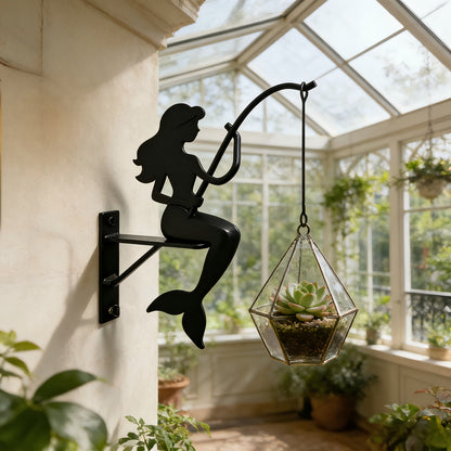 Wall Planter Hanging Iron Art Mermaid Flower Pot Holder for Balcony Vertical Garden - Creative Fisherman Theme Indoor Outdoor Plant Stand Shelf, Boho Wall Decor