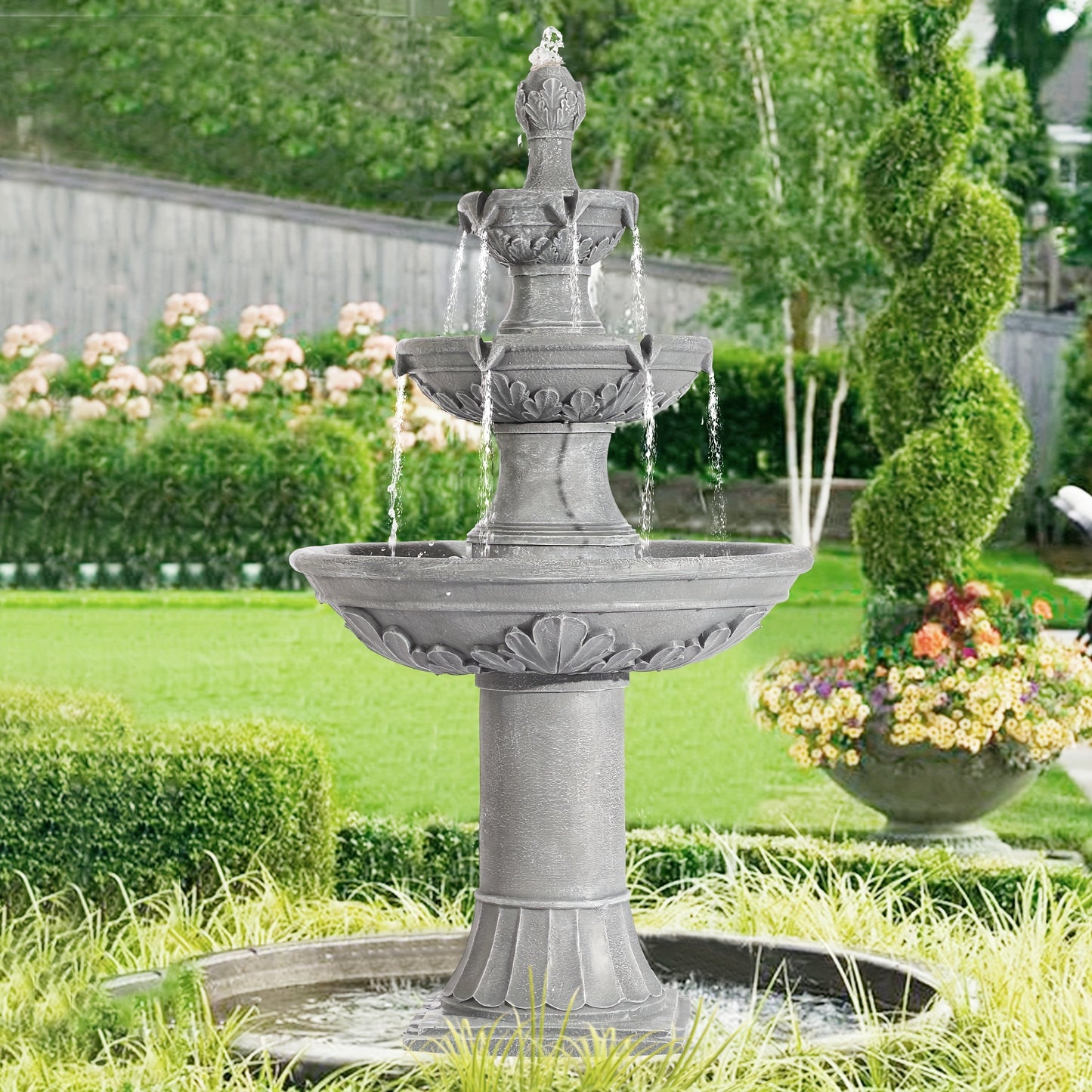 Outdoor Water Fountain 3-Tier 48.4" – Italian Cascading Garden Fountain with Carved Flowers, IPX5 Pump, Large Floor-Standing Resin Bubbler for Patio, Yard & Home Decor