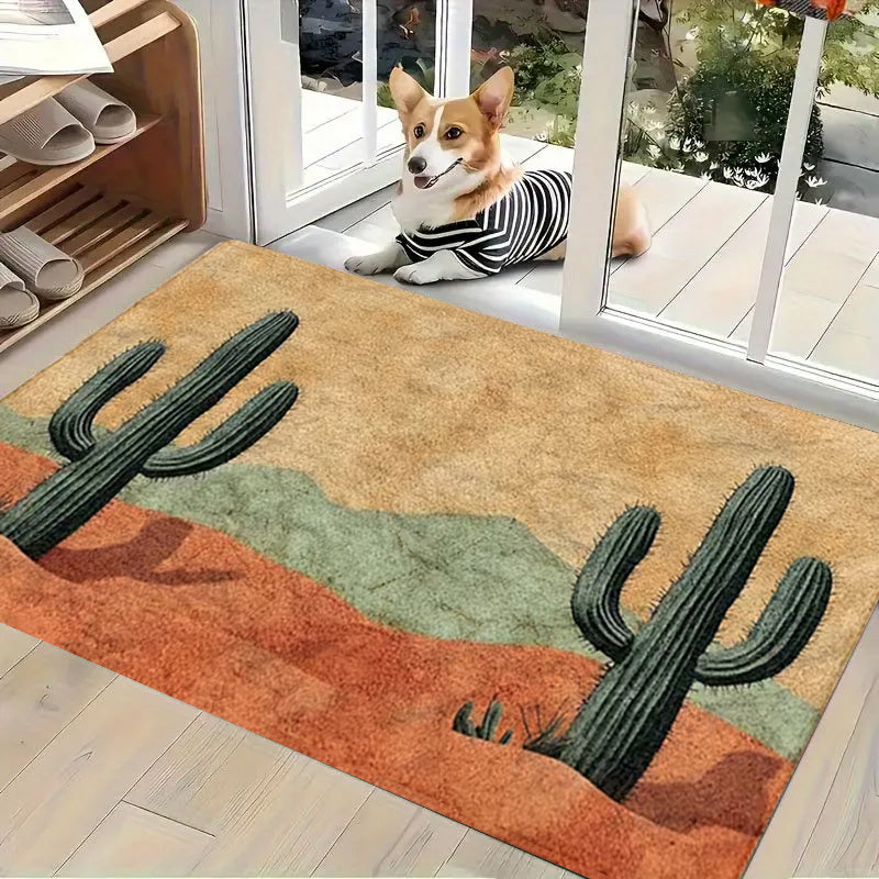 Non-Slip Doormat Cactus Desert Print Flannel Floor Mat – Soft Washable Rug for Bedroom Living Room Entryway Home Decor