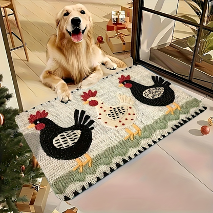 Rooster Embroidered Door Mat Indoor Outdoor Non-Woven Washable Rug for Entryway Bathroom Kitchen Porch Plaid Stripe Pattern