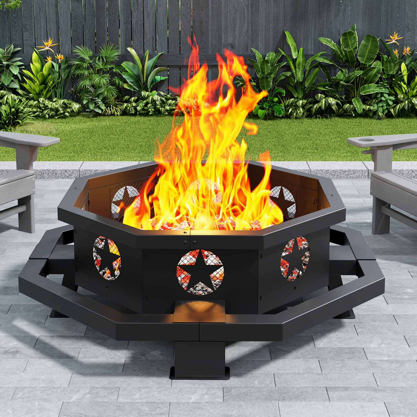 Extra Large Octagonal Fire Pit for Outside, Heavy Duty Steel Wood Burning Firepit for Backyard Patio Camping Garden, 43 & 45 Inch Outdoor Fire Bowl, Black