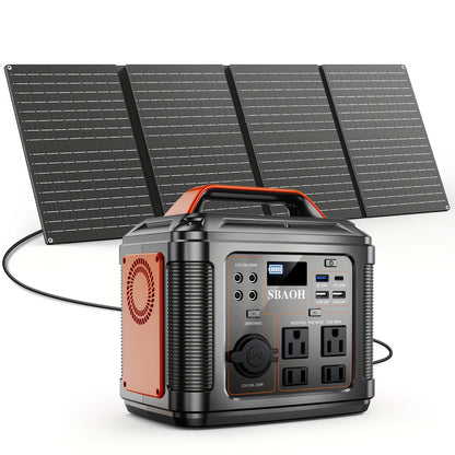 Solar Generator Portable Power Station 300W 296Wh | 60W Solar Panel AC DC USB Fast Charging LED Flashlight | Camping RV Emergency Backup Battery Orange