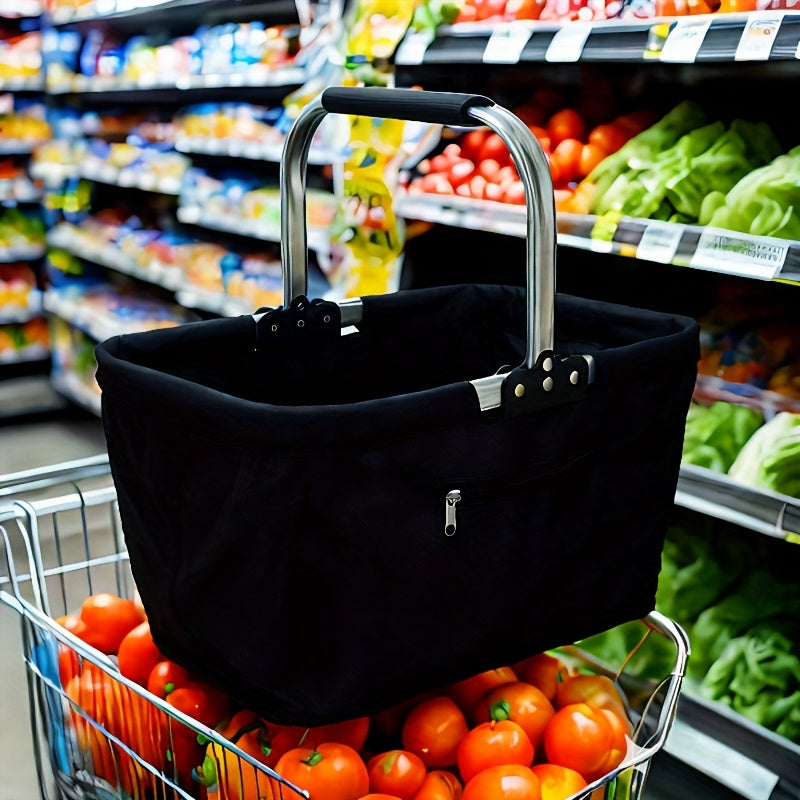 Foldable Picnic Basket Insulated | Portable Shopping Basket Aluminum Frame Oxford Cloth with Zippered Pocket