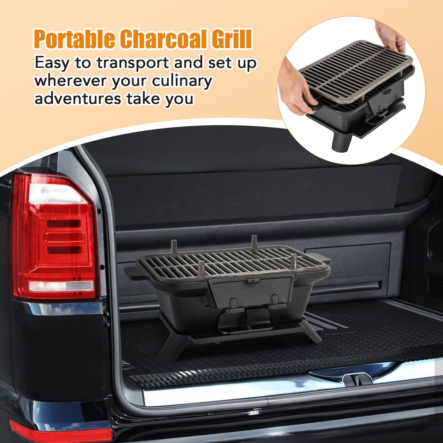Cast Iron Charcoal Grill Portable Hibachi Tabletop BBQ Grill 16x11in Double-Sided Grate Adjustable Air Vent for Camping Picnic Parties Outdoor Cooking Black