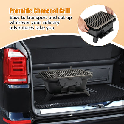 Cast Iron Charcoal Grill Portable Hibachi Tabletop BBQ Grill 16x11in Double-Sided Grate Adjustable Air Vent for Camping Picnic Parties Outdoor Cooking Black