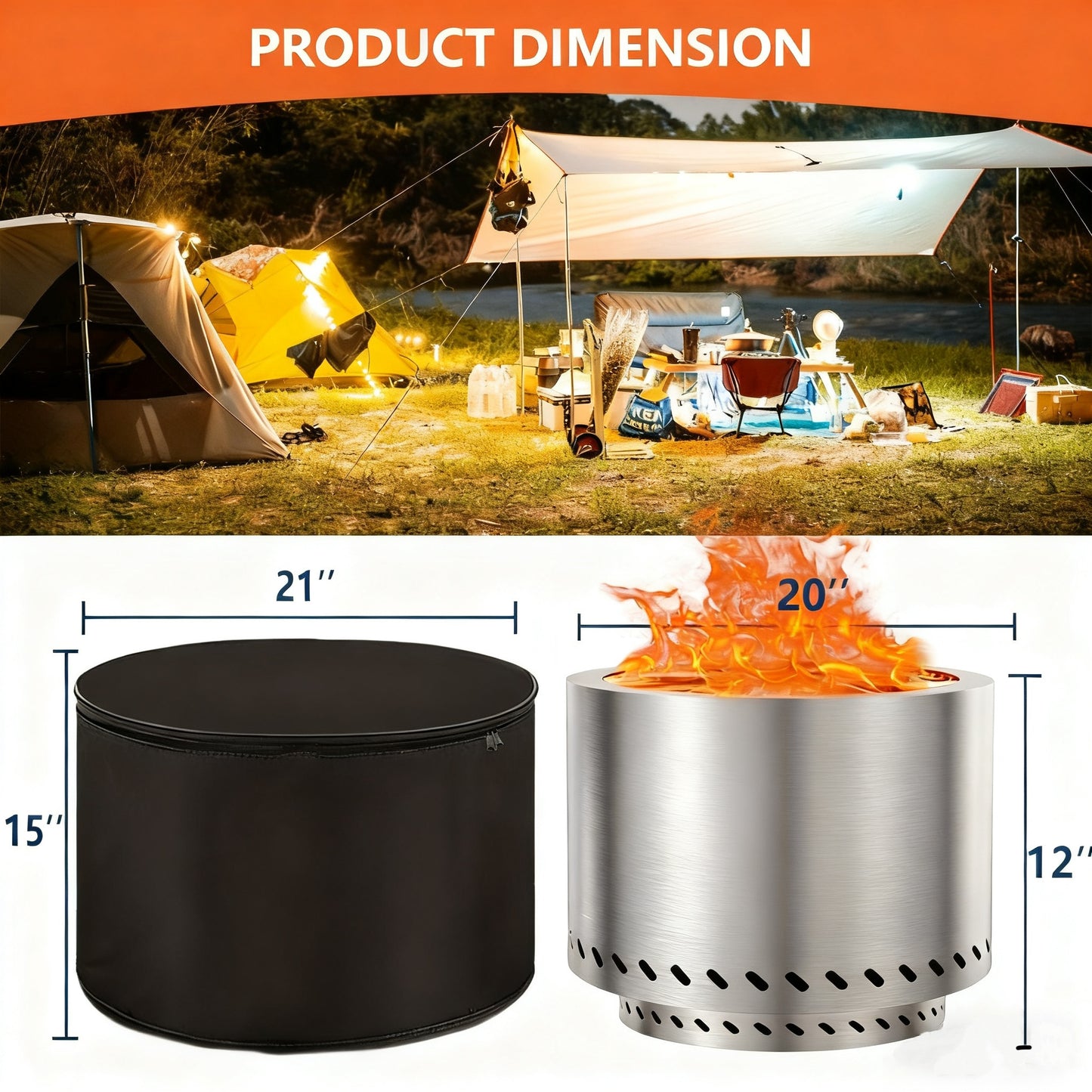 Smokeless Fire Pit 20 Inch 304 Stainless Steel Wood Burning Firepit for Outside with Carry Bag, Removable Ash Pan & Efficient Combustion for Backyard Patio Camping