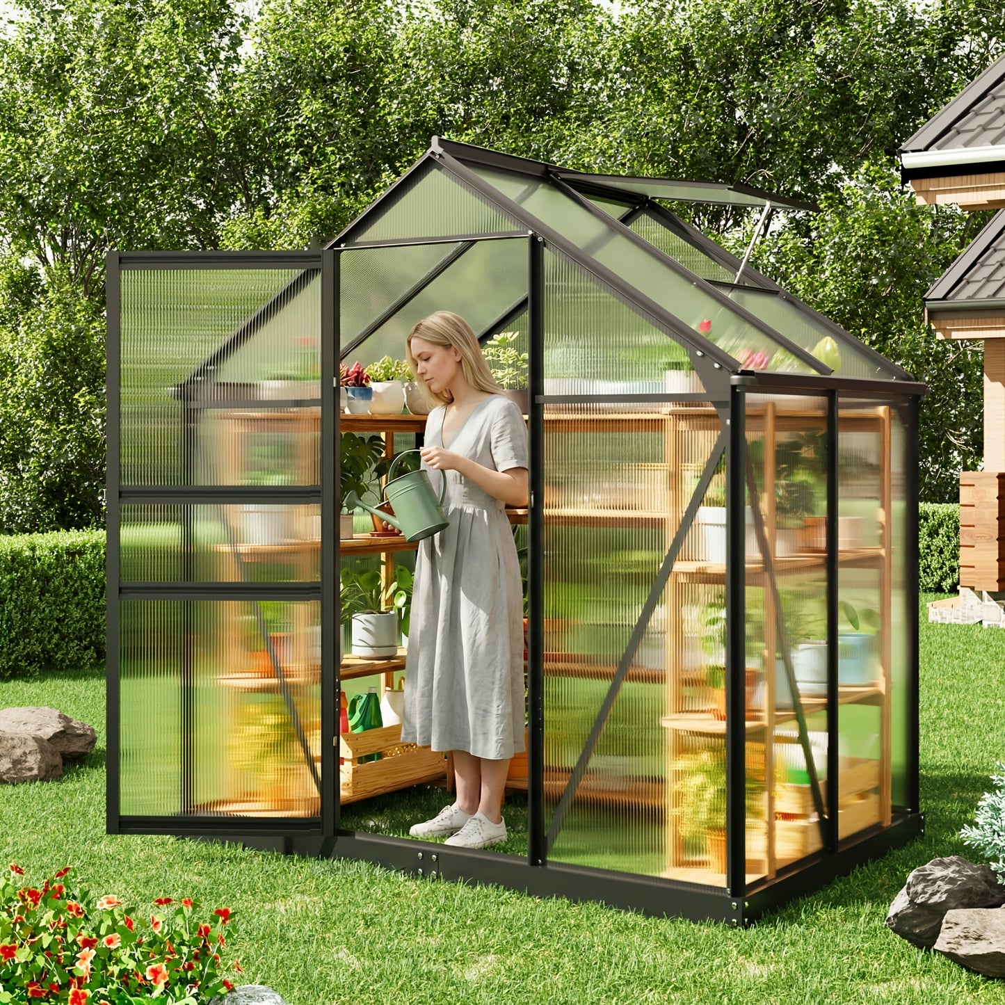 Polycarbonate Greenhouse 6x4ft Walk-In with Aluminum Frame & Roof Ventilation | Durable Outdoor Garden Greenhouse Easy Assembly | Backyard Year-Round Growing