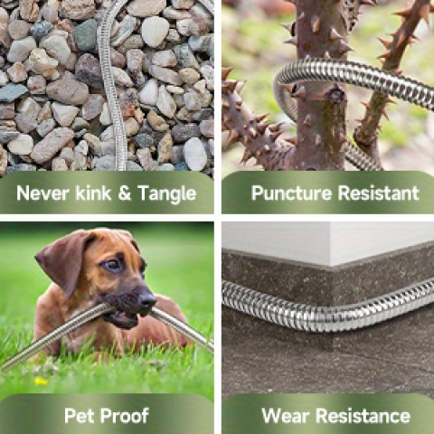 Stainless Steel Metal Garden Hose | Kink-Free, 10-Function Nozzle, Brass Fittings – 10FT to 150FT
