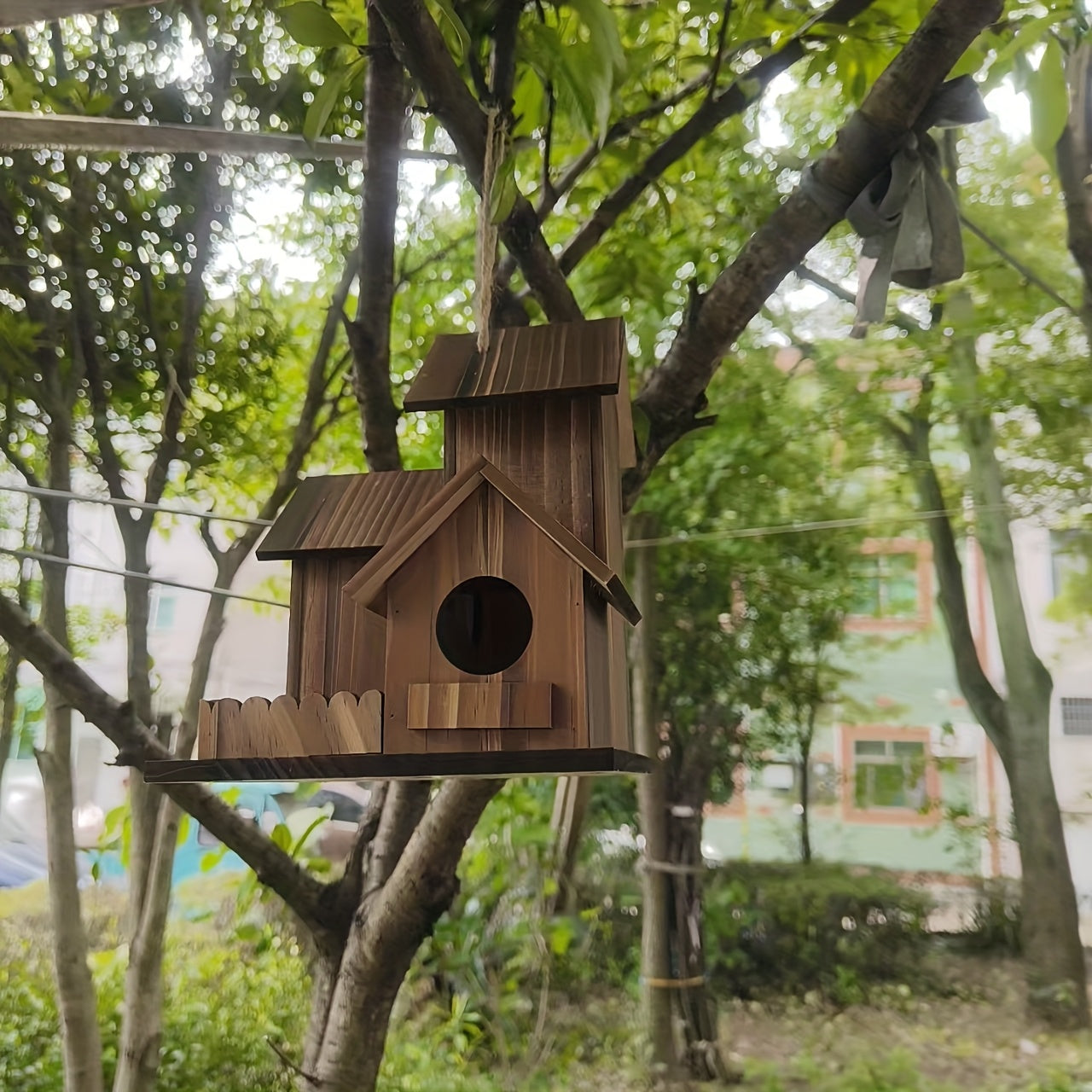 Bird House | 3-Room Natural Wood Hanging Chain Garden Patio Bluebird