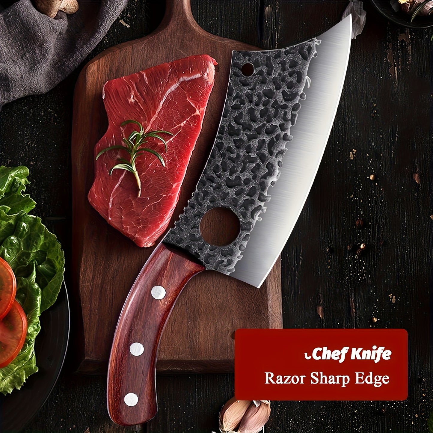 Chef Knife Hand Forged | High-Carbon Steel Viking Cleaver Full Tang Oak Handle with Sheath | BBQ Camping Meat Cutting Kitchen Knife Gift for Men Women