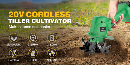 Cordless Electric Tiller 20V Handheld - 9-Inch 235RPM Garden Cultivator with Ergonomic Handle, Lightweight Metal Soil Tiller for Weeding, Soil Aeration & Loosening in Courtyard, Raised Beds & Garden