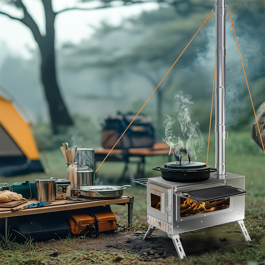 Wood Burning Stove Portable Camping Tent Stove with 7 Detachable Chimney Pipes, Stainless Steel, Adjustable Height, Fire-Resistant Window, Ash Tool & Carry Bag