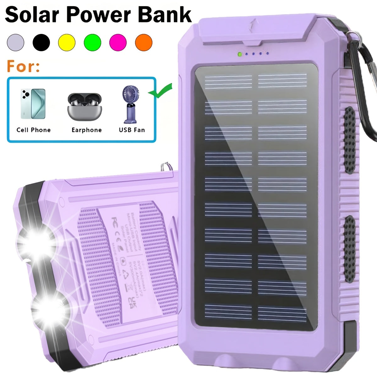 Solar Charger 12800mAh Portable Power Bank - Dual USB 5V Output, LED Flashlight, Outdoor Backup Battery for All Cell Phones, Camping, Hiking & Emergency Use