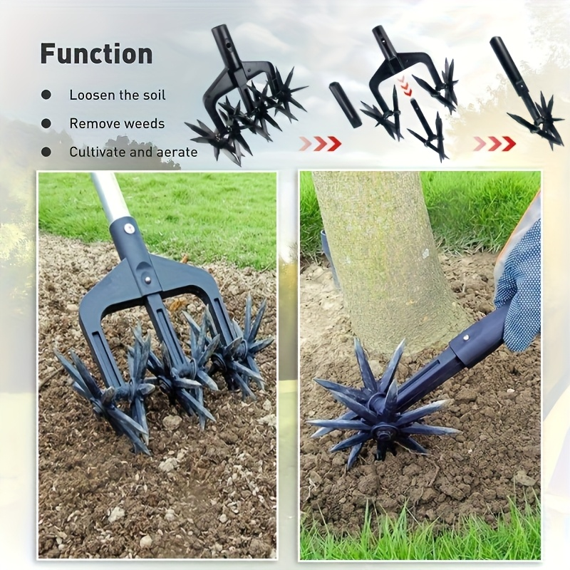 Grass Scarifier & Rotary Tiller Soil Loosening Tool - Manual Garden Aerator for Lawn Scarifying, Soil Turning, Thatch Removal & Land Aeration in Backyard, Garden Beds & Grassland