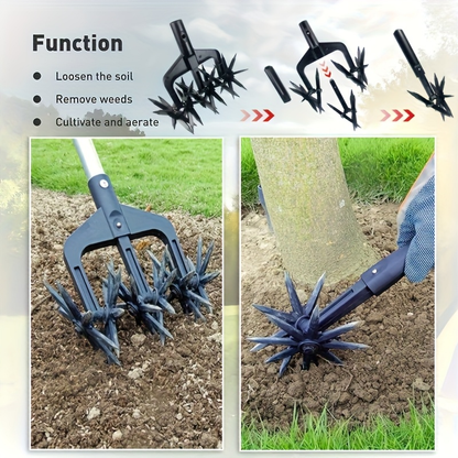 Grass Scarifier & Rotary Tiller Soil Loosening Tool - Manual Garden Aerator for Lawn Scarifying, Soil Turning, Thatch Removal & Land Aeration in Backyard, Garden Beds & Grassland