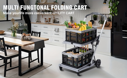 Two Tier Cart with 2 Storage Crates 360° Swivel Wheels, Heavy Duty Collapsible Shopping Trolley Folding Utility Cart for Groceries Picnic Office Multi-Use