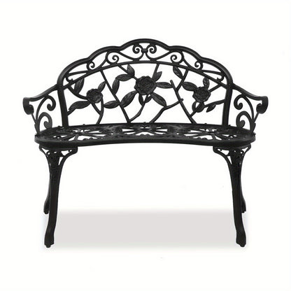 Outdoor Garden Bench Rose Pattern Cast Aluminum Floral Patio Bench with Armrests Vintage Metal Bench for Porch Courtyard Wedding Decor 38.5 Inch