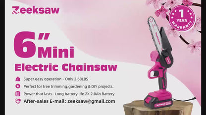 Mini Chainsaw for Women – 6-Inch Pink Cordless Electric Handheld Saw with Battery Level Display, Battery & Charger Included, Gardening Gift