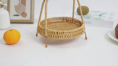 Wire Frame Storage Basket - Hand-Woven Imitation Rattan with Solid Iron Structure, Open-Top Organizer Bin for Fruits Shelf Kitchen Gifts, Rustic Farmhouse Style