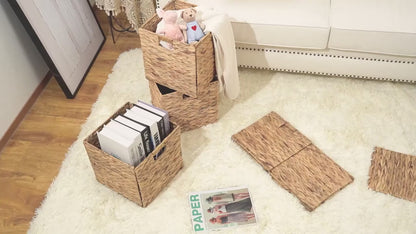Woven Storage Baskets - Water Hyacinth, Seagrass & Paper Rope Organizer Bins for Shelves, Bathroom, Kitchen, Bedroom, Boho Home Decor