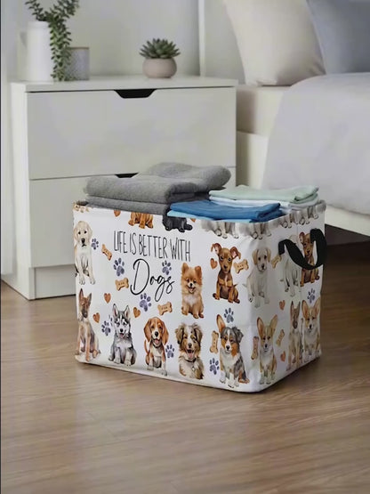 Collapsible Storage Basket with Handles Cute Cartoon Print Canvas Bin Box for Clothes Books Toys Shelves Laundry Bedroom Nursery Organizer Cube Gift Basket
