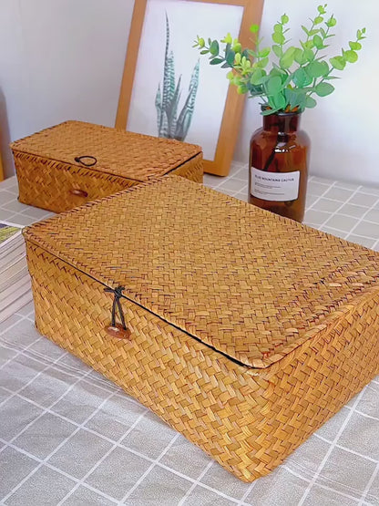 Rattan Storage Basket Set of 3 - Handwoven Wicker Organizer Bins with Lattice Lid & Label, Rustic Farmhouse Baskets for Kitchen Bathroom Pantry Shelf