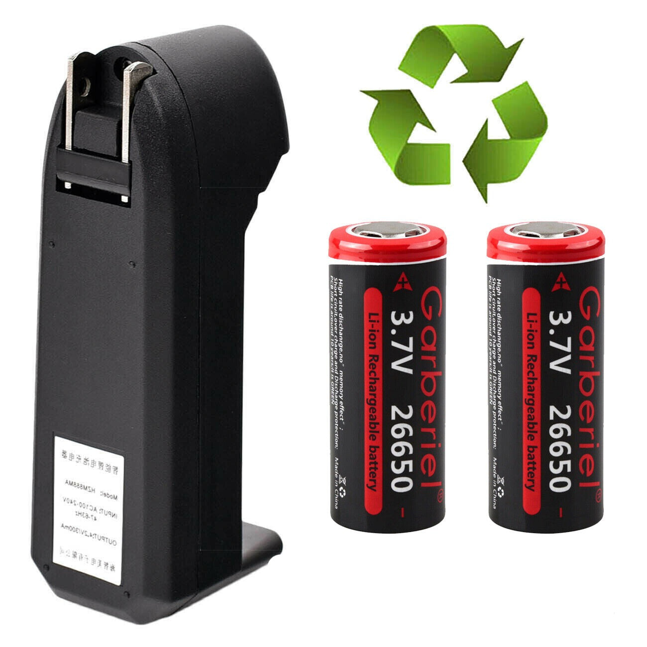 26650 Li-ion 3.7V Rechargeable Batteries – Flat Top, High Capacity Pack of 2